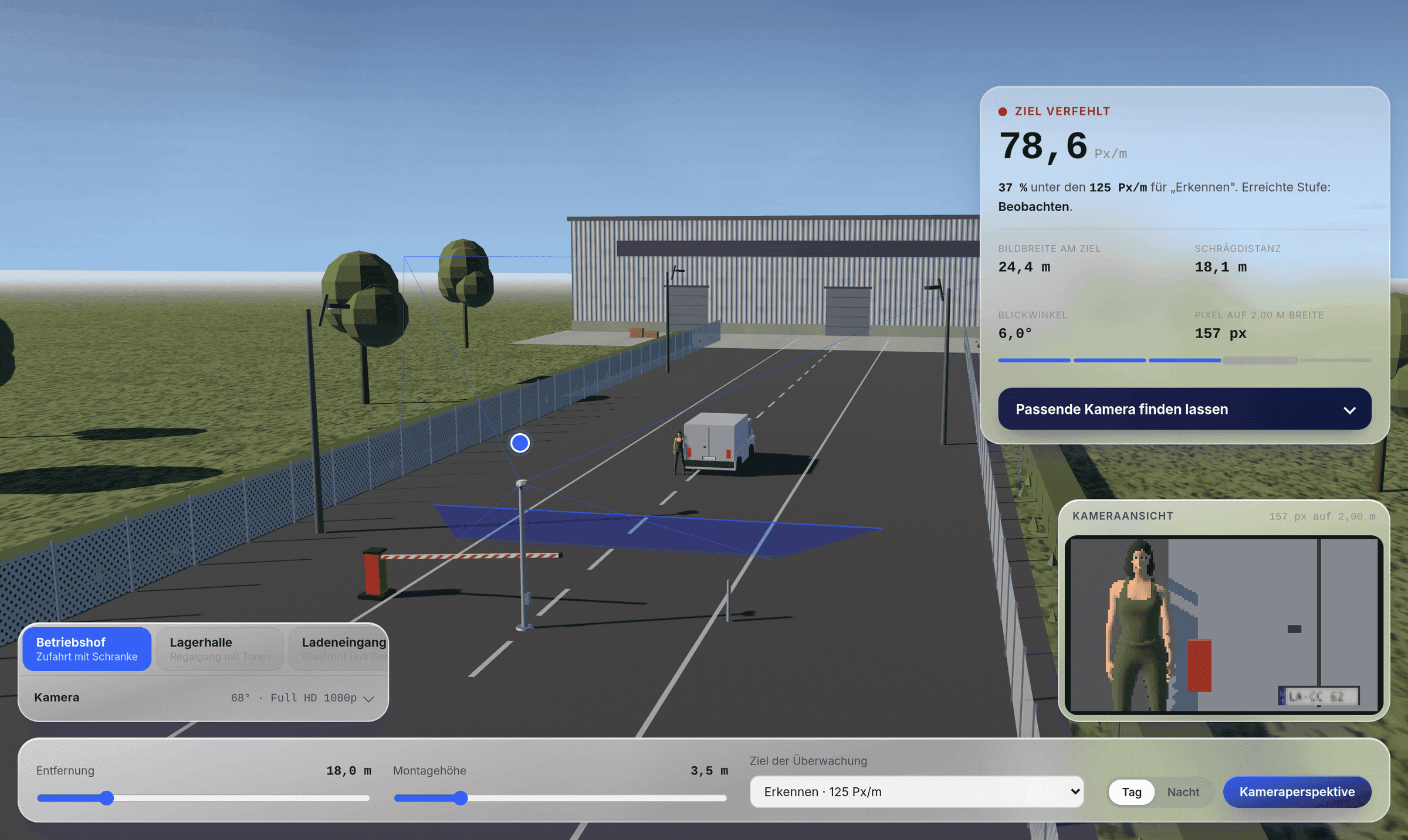 Der cctvfinder zeigt eine Betriebshofzufahrt in 3D. Die Kamera am Mast erfasst einen blauen Kegel über der Fahrbahn, rechts steht das Ergebnis mit 78,6 Px/m.