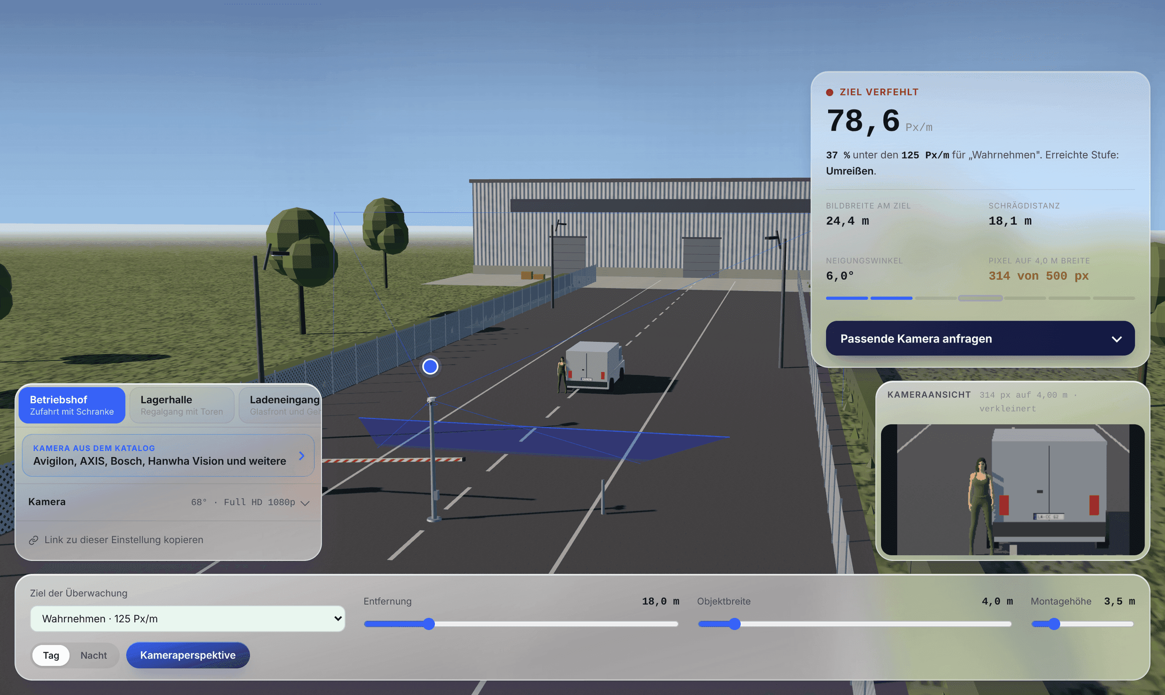 Der cctvfinder zeigt eine Betriebshofzufahrt in 3D. Die Kamera am Mast erfasst einen blauen Kegel über der Fahrbahn, rechts steht das Ergebnis mit 78,6 Px/m.