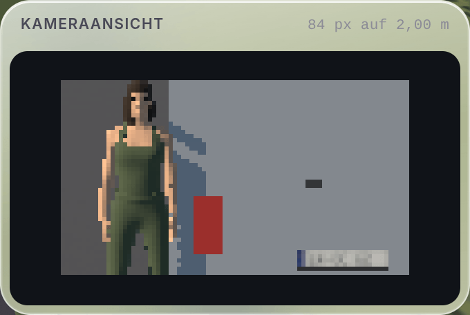 Die Kameraansicht des cctvfinder: eine Person auf 84 Pixel Breite, deutlich verpixelt, das Gesicht nicht mehr zuzuordnen.