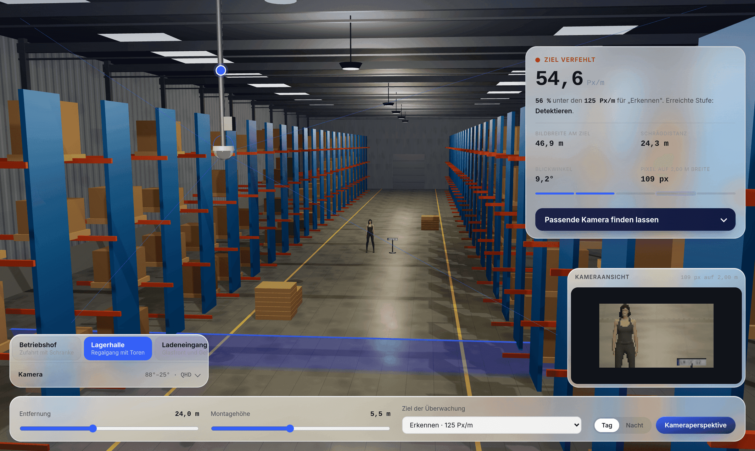 Der cctvfinder zeigt einen Regalgang einer Lagerhalle in 3D, mit dem Erfassungskegel der Deckenkamera und dem Ergebnis von 54,6 Px/m.