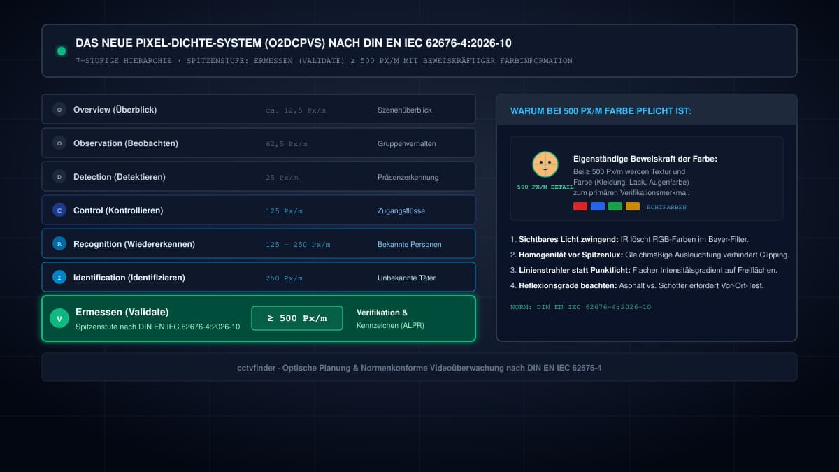 The 7-tier O2DCPVS framework under DIN EN IEC 62676-4 featuring Validate at 500 px per metre
