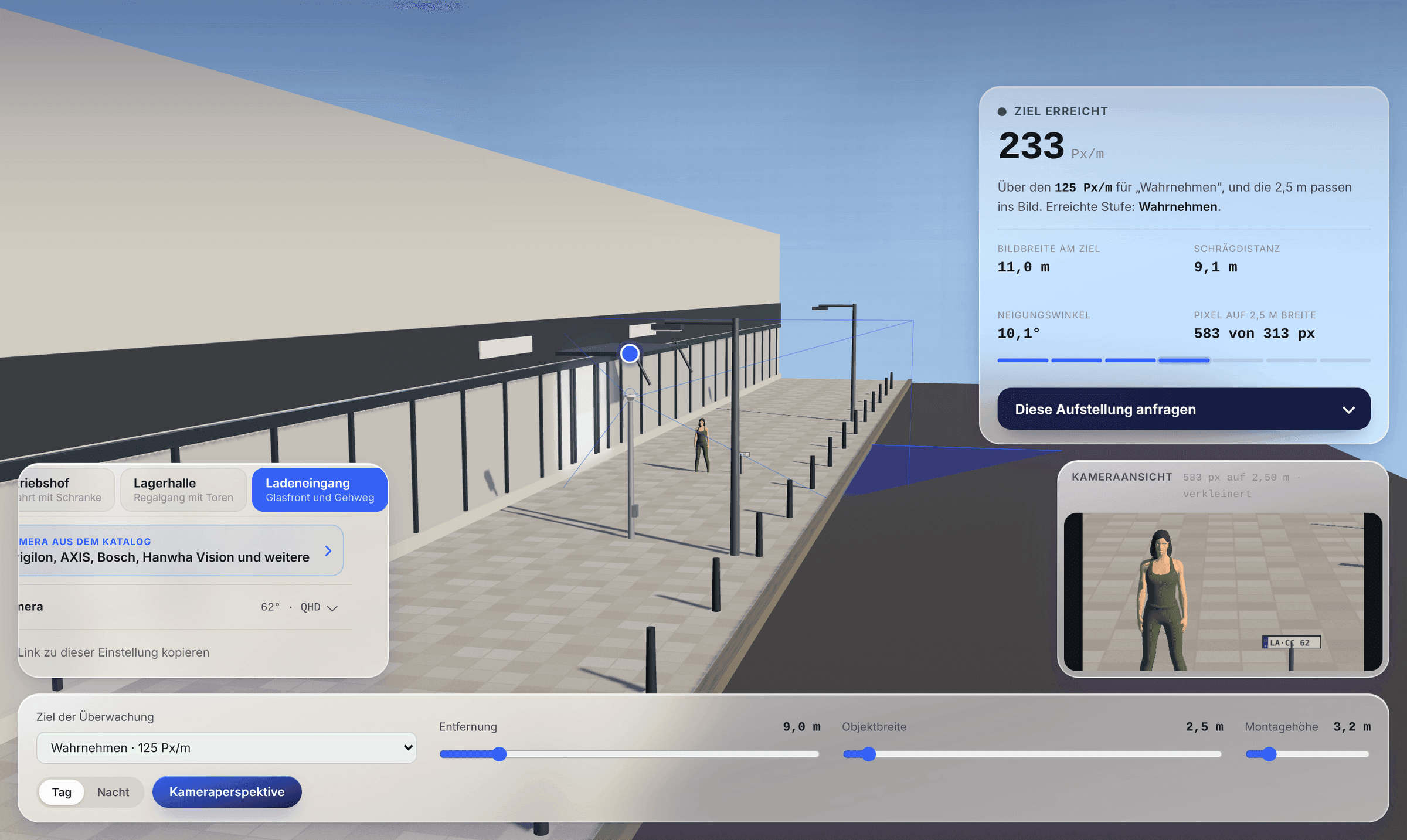 Die 3D-Szene Ladeneingang im cctvfinder: Glasfront und Gehweg, Kamera an der Fassade und die Kameraansicht mit einer Person