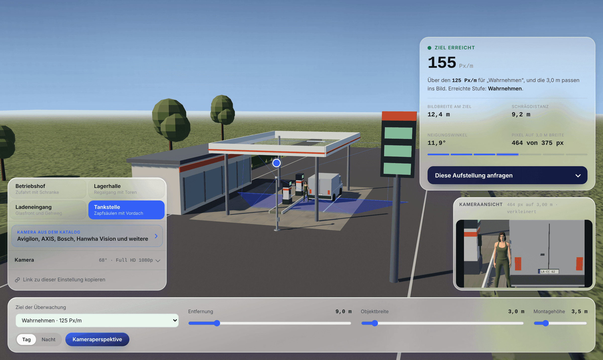 Die 3D-Szene Tankstelle im cctvfinder: Zapfsäulen unter einem Vordach, Fahrzeug an der Säule, Shop, Preismast und die Kameraansicht
